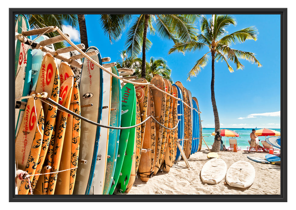 Pixxprint Surfboards am Strand, im Schwebe-Effekt Bilderrahmen