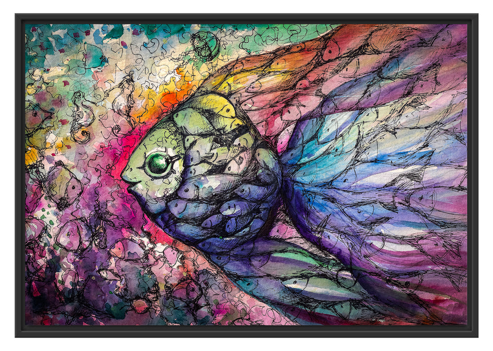 Pixxprint Bunte Fische Kunst, im Schwebe-Effekt Bilderrahmen