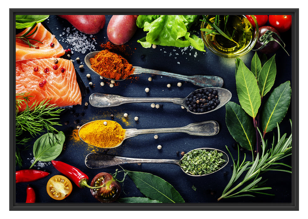 Pixxprint Feine Gewürze auf Löffeln, im Schwebe-Effekt Bilderrahmen