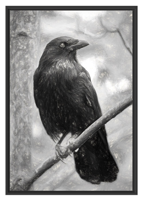 Pixxprint schwarzer Rabe auf Ast B&W, im Schwebe-Effekt Bilderrahmen