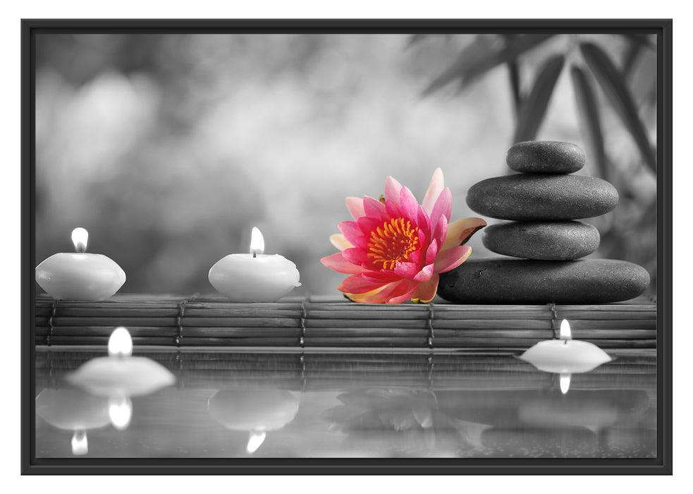 Pixxprint Seerose Zen Steine Kerzen, im Schwebe-Effekt Bilderrahmen