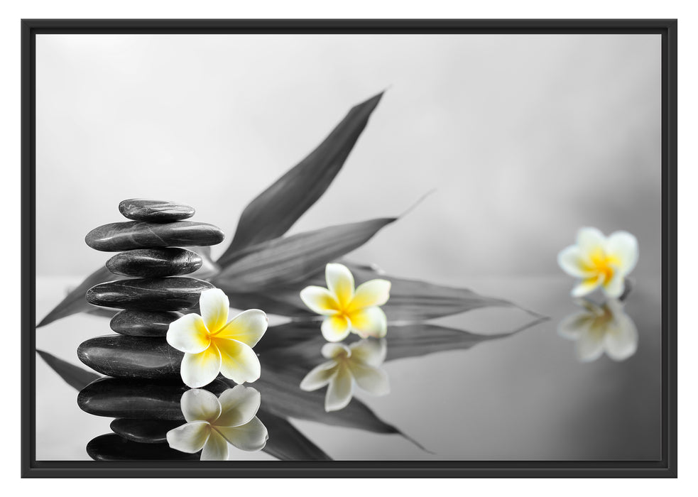 Pixxprint Monoi Blüten Zen Steinturm, im Schwebe-Effekt Bilderrahmen