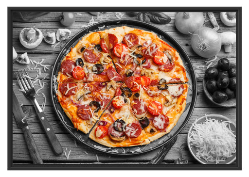 Pizza auf Pizzablech Schattenfugenrahmen 100x70