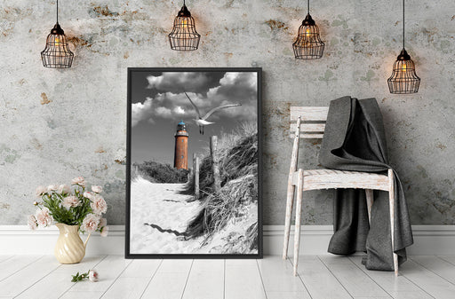 Leuchtturm mit Möwe an Strandweg Schattenfugenrahmen Wohnzimmer