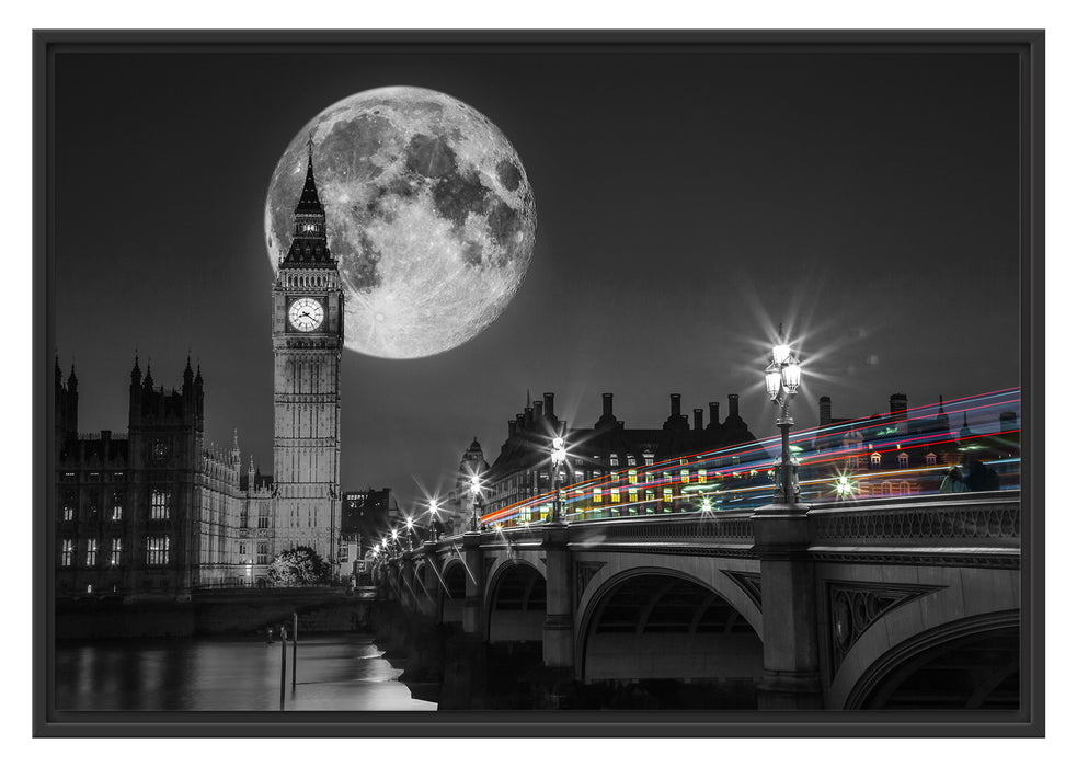 Pixxprint Big Ben mit Mond London, im Schwebe-Effekt Bilderrahmen