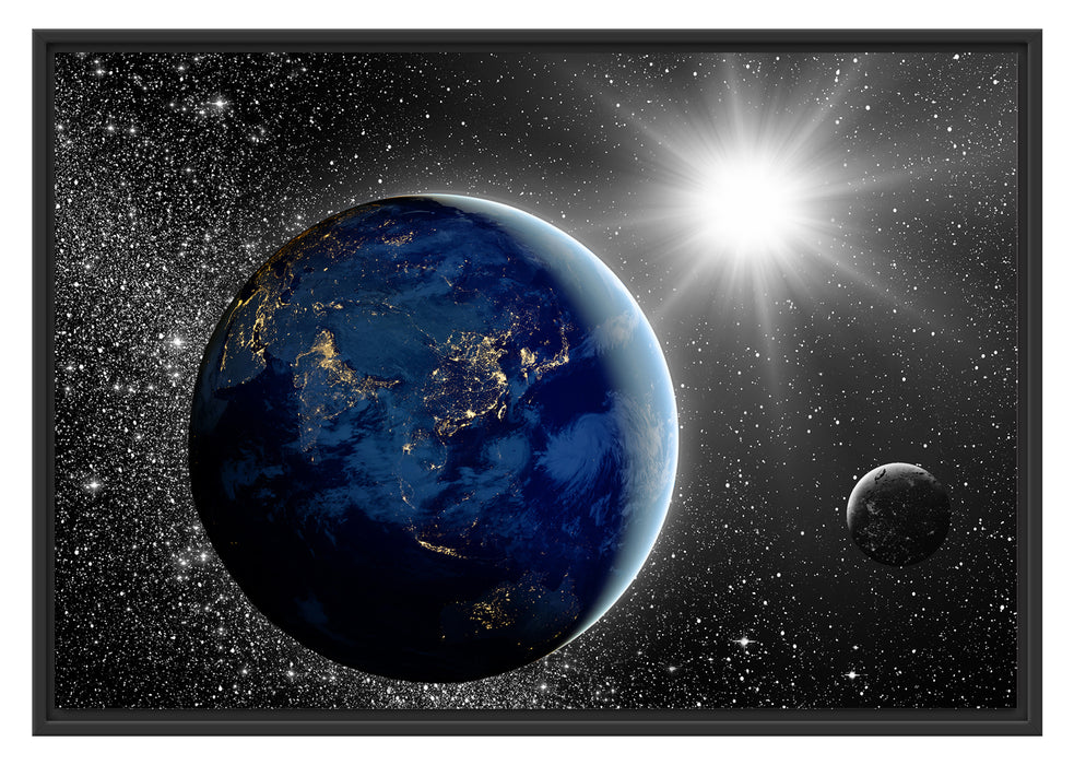 Pixxprint Erde mit Sonne im Weltall, im Schwebe-Effekt Bilderrahmen