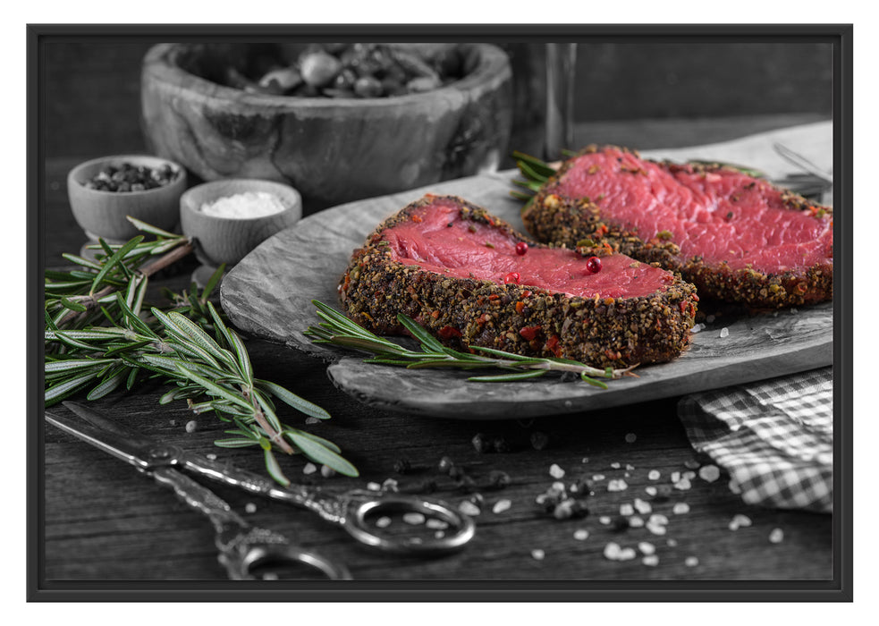 Pixxprint Saftiges Steak Zubereitung, im Schwebe-Effekt Bilderrahmen