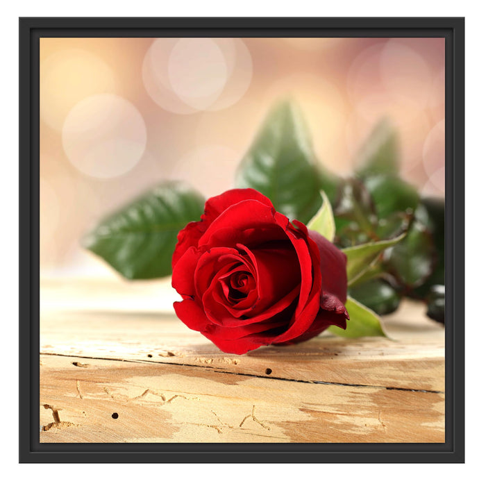 Rose auf Holztisch Schattenfugenrahmen Quadratisch 55x55