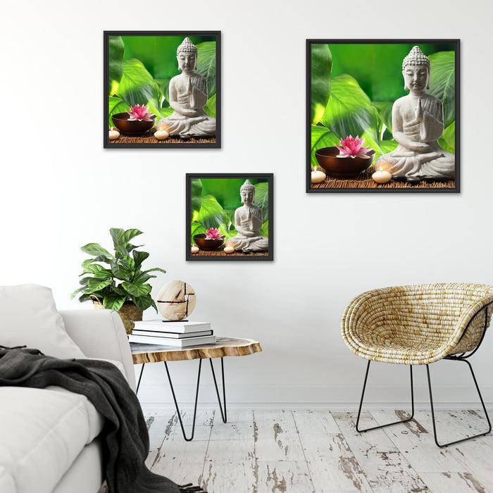 Seerose & Buddha Statue Quadratisch Schattenfugenrahmen Wohnzimmer