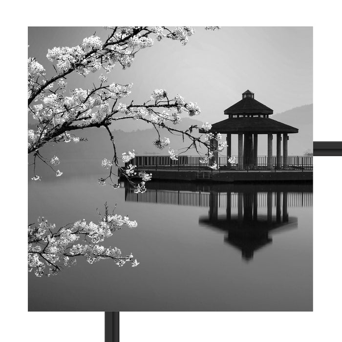 Kirschbaum an See B&W Schattenfugenrahmen Quadratisch 55x55