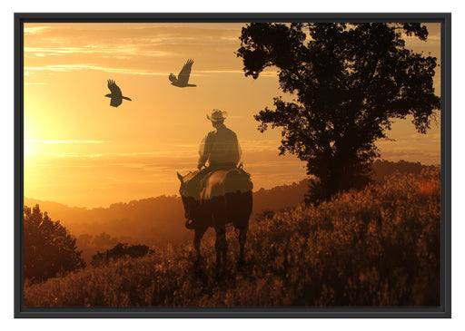 Ein Cowboy im Sonnenuntergang Schattenfugenrahmen 100x70