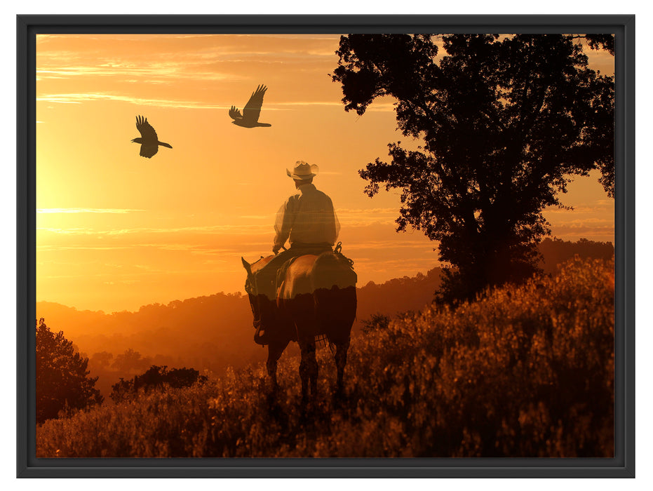 Ein Cowboy im Sonnenuntergang Schattenfugenrahmen 80x60