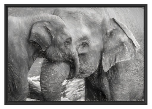 Elefantenmutter mit Kalb Schattenfugenrahmen 100x70