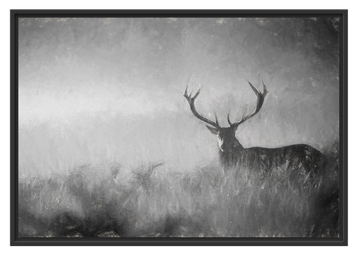 Rotwild Hirsch im Nebel Kunst Schattenfugenrahmen 100x70