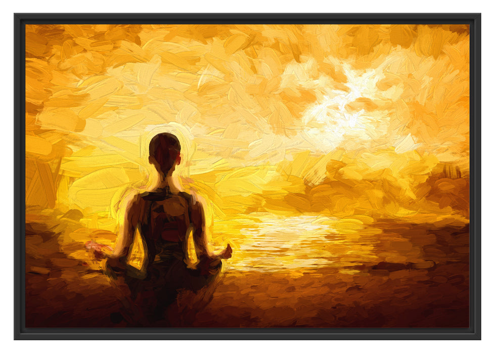 Pixxprint Frau meditiert am Strand, im Schwebe-Effekt Bilderrahmen