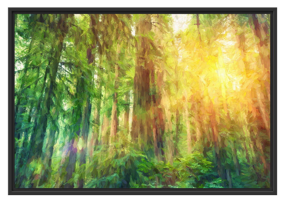 Pixxprint Wald bei Sonnenlicht Kunst, im Schwebe-Effekt Bilderrahmen