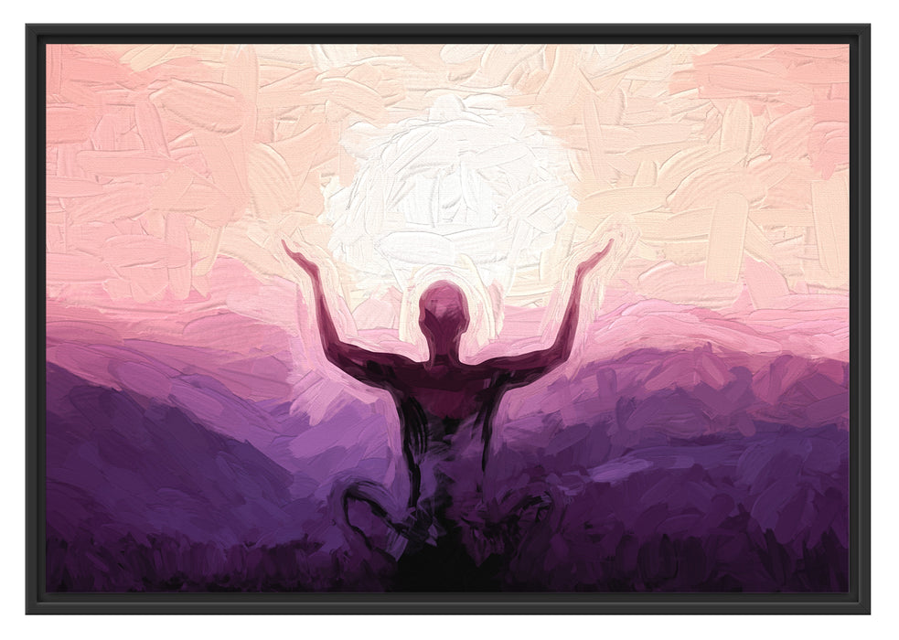 Pixxprint Yoga in den Bergen Kunst, im Schwebe-Effekt Bilderrahmen