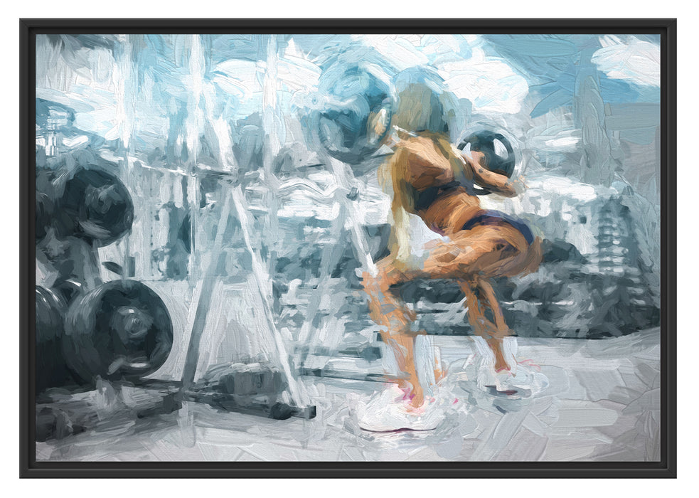 Pixxprint Sportliche Frau mit Hantelstange, im Schwebe-Effekt Bilderrahmen