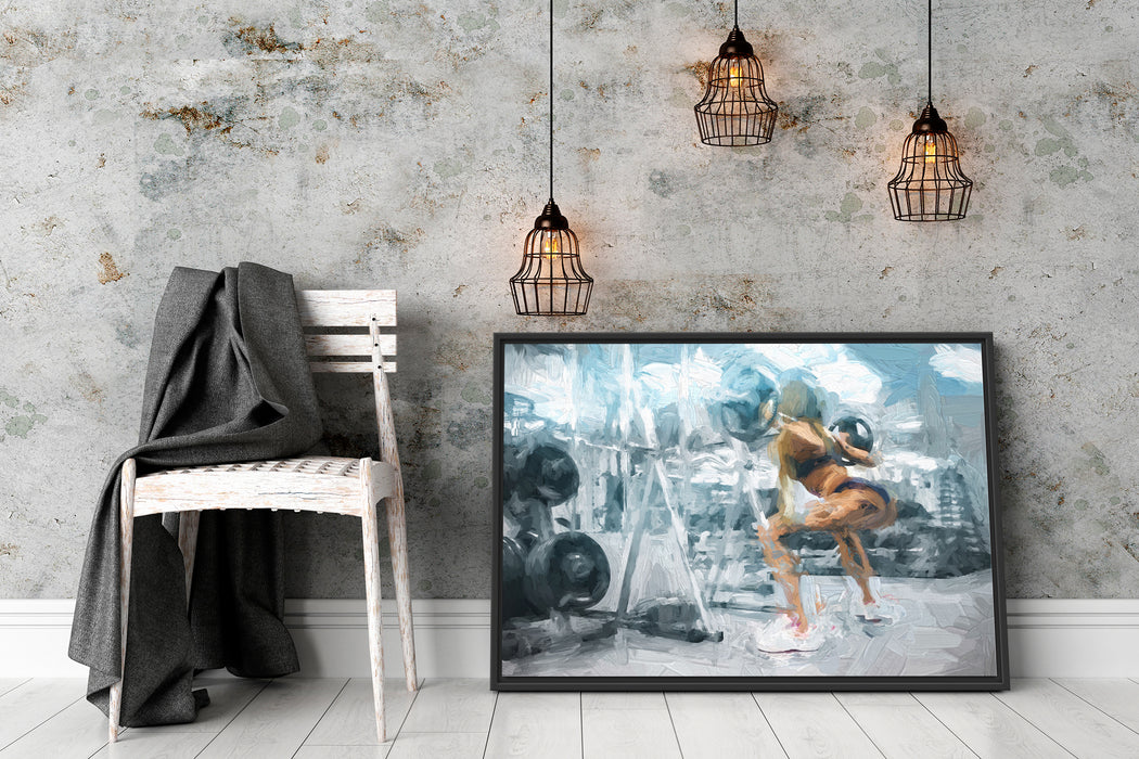 Sportliche Frau mit Hantelstange Schattenfugenrahmen Wohnzimmer