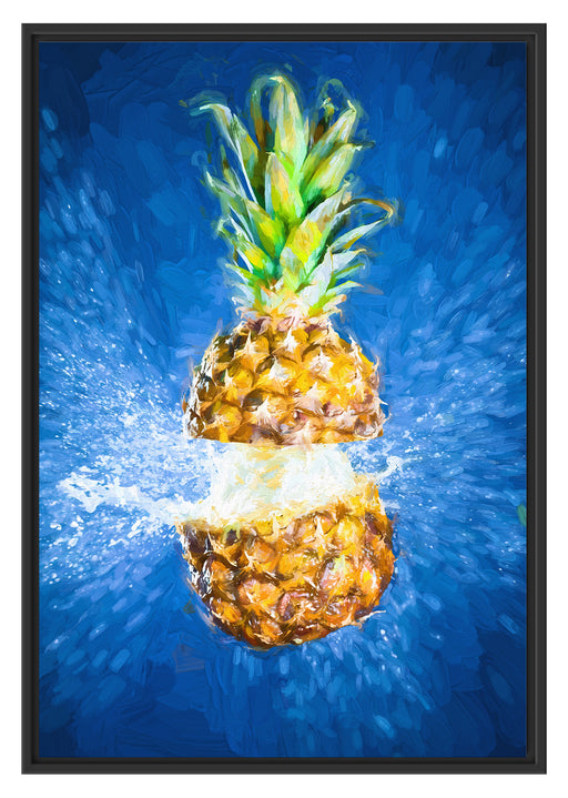 Ananas mit Wasser bespritzt Kunst Schattenfugenrahmen 100x70