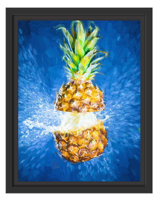 Ananas mit Wasser bespritzt Kunst Schattenfugenrahmen 38x30