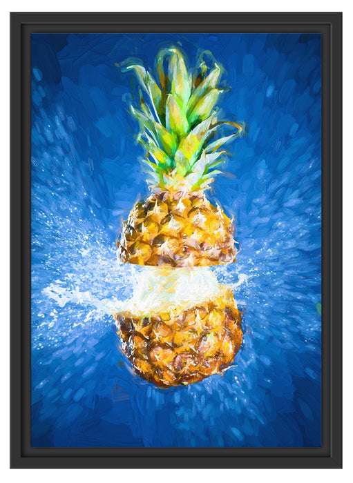 Ananas mit Wasser bespritzt Kunst Schattenfugenrahmen 55x40
