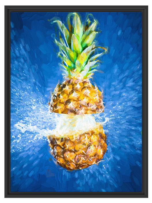Ananas mit Wasser bespritzt Kunst Schattenfugenrahmen 80x60