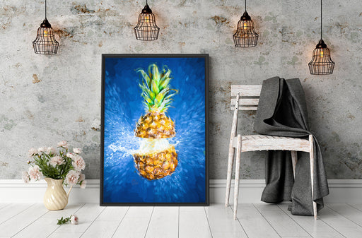 Ananas mit Wasser bespritzt Kunst Schattenfugenrahmen Wohnzimmer