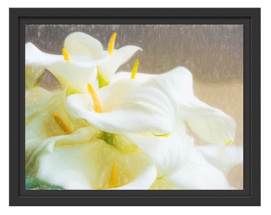 Wunderschöne weiße Calla Lilien Schattenfugenrahmen 38x30