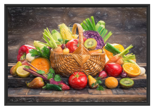 Frisches Obst und Gemüse im Korb Schattenfugenrahmen 100x70