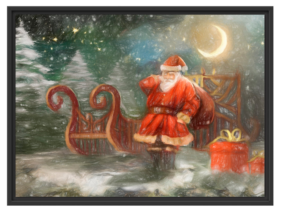 Weihnachtsmann mit Geschenken Schattenfugenrahmen 80x60