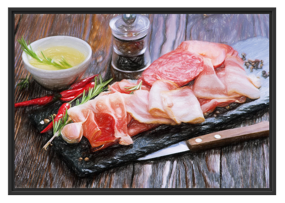 Antipasti Wurstsorten Schattenfugenrahmen 100x70