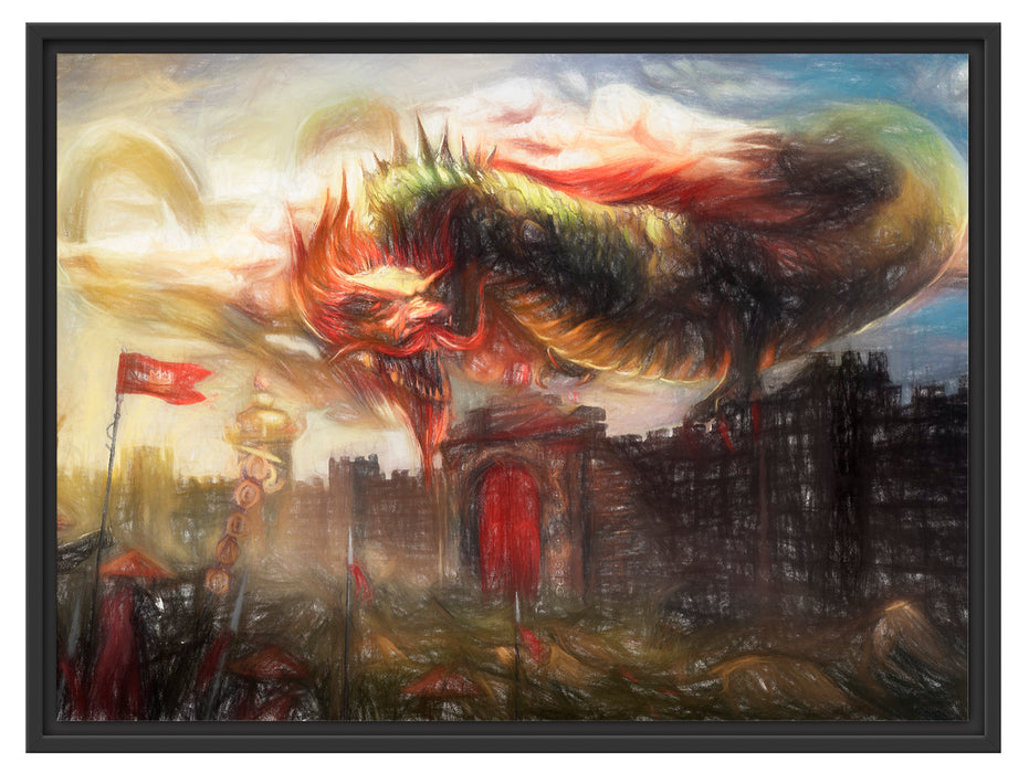 Drache über der Festung Schattenfugenrahmen 80x60