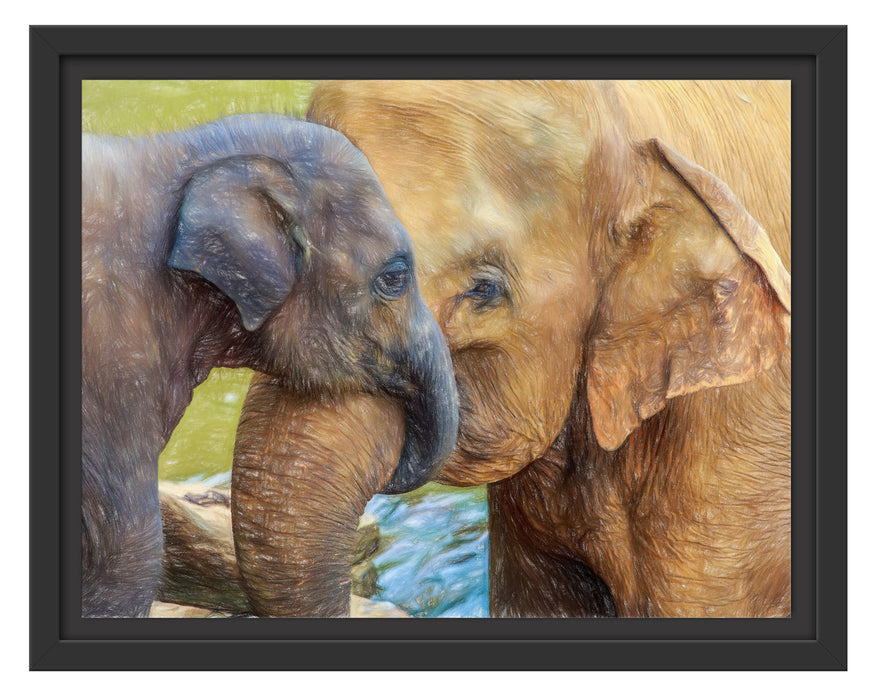 Elefantenmutter mit Kalb Schattenfugenrahmen 38x30