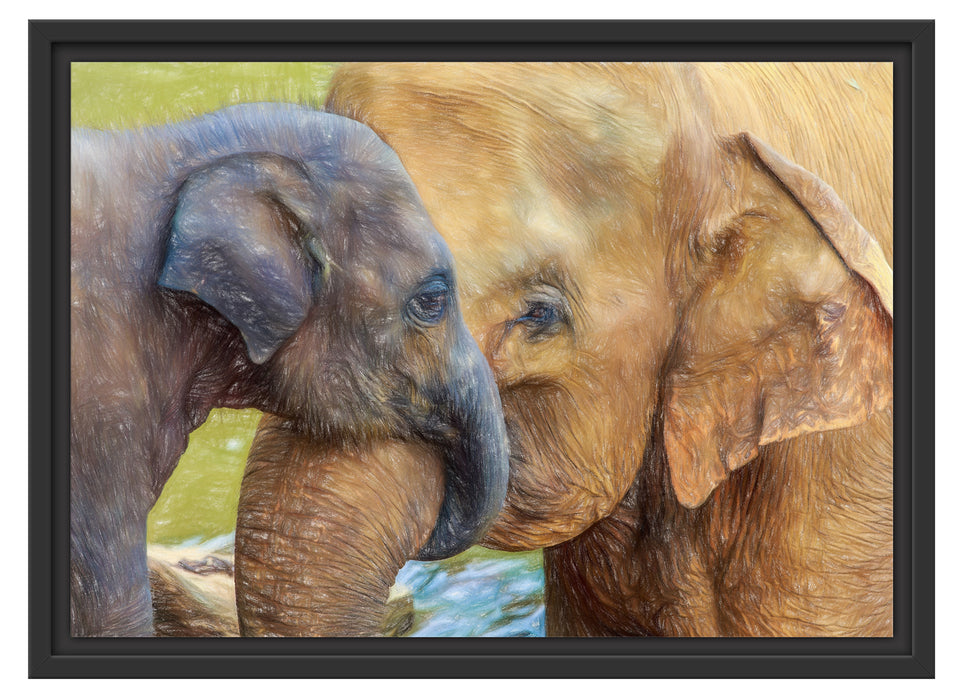 Elefantenmutter mit Kalb Schattenfugenrahmen 55x40