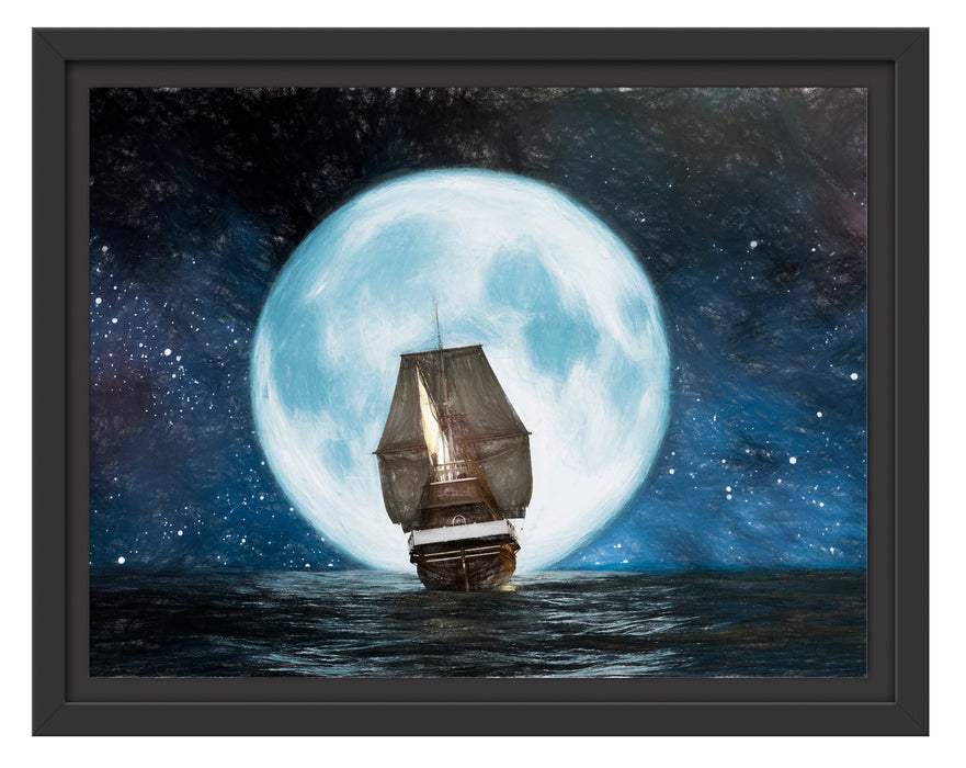 Segelschiff bei Vollmond Schattenfugenrahmen 38x30