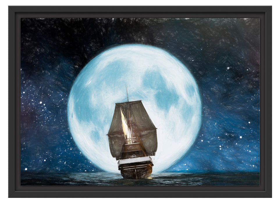 Segelschiff bei Vollmond Schattenfugenrahmen 55x40