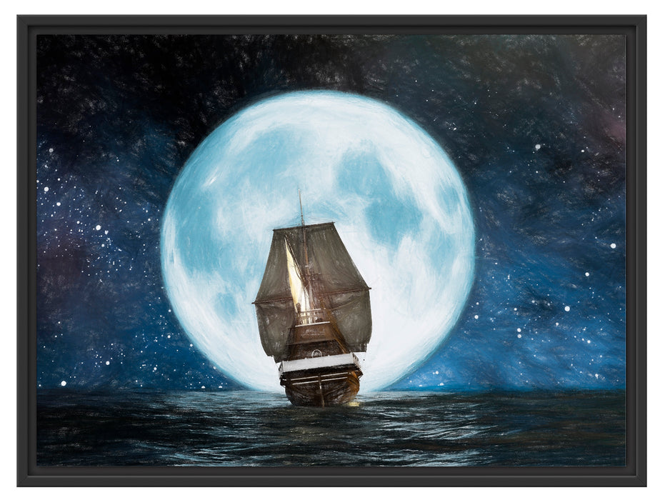 Segelschiff bei Vollmond Schattenfugenrahmen 80x60