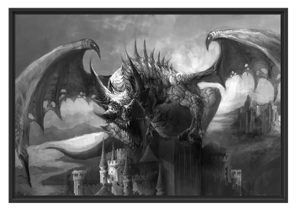 Pixxprint Drache auf der Festung, im Schwebe-Effekt Bilderrahmen