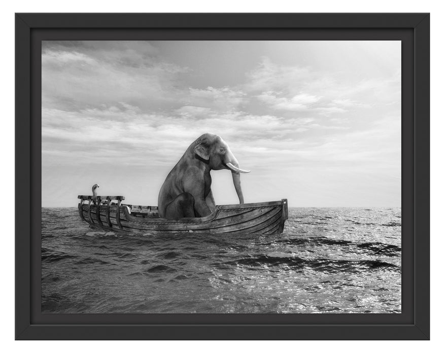 sitzender Elefant im Boot Schattenfugenrahmen 38x30