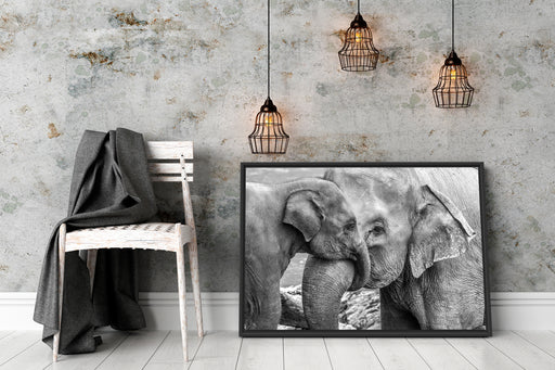 Elefantenmutter mit Kalb B&W Schattenfugenrahmen Wohnzimmer