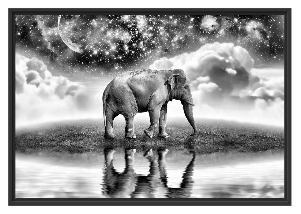 Pixxprint Elefant, Wiese, Himmel, Afrika, im Schwebe-Effekt Bilderrahmen