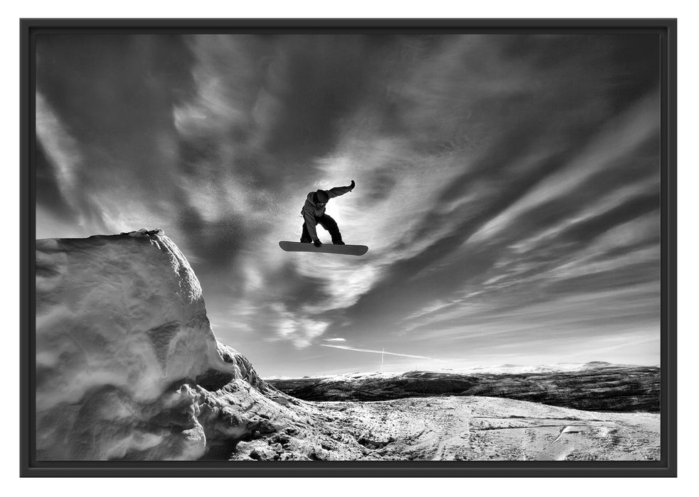 Pixxprint Snowboard Sprung, Extremsport, im Schwebe-Effekt Bilderrahmen