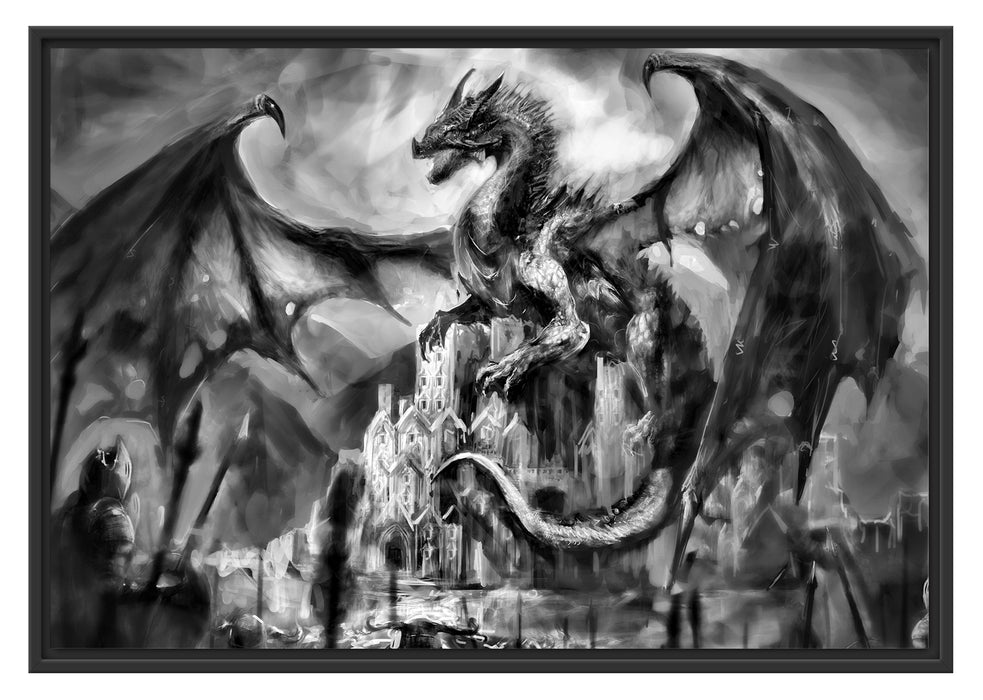 Pixxprint Drache schützend über Burg, im Schwebe-Effekt Bilderrahmen