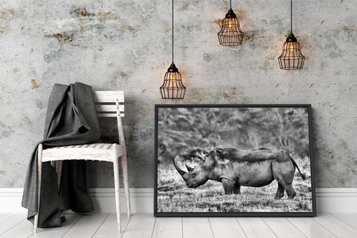 großes Nashorn in der Savanne Schattenfugenrahmen Wohnzimmer