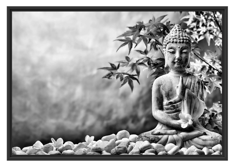 Pixxprint Buddha auf Steinen mit Monoi Blüte, im Schwebe-Effekt Bilderrahmen