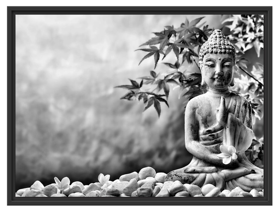 Buddha auf Steinen mit Monoi Blüte Schattenfugenrahmen 80x60