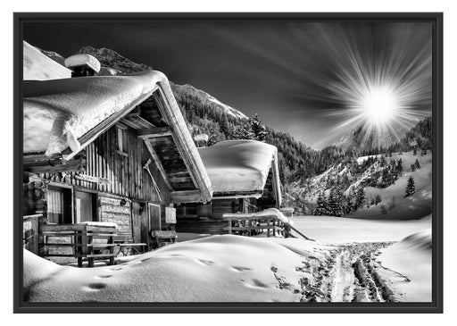 Verschneite Alpenhütte Schattenfugenrahmen 100x70