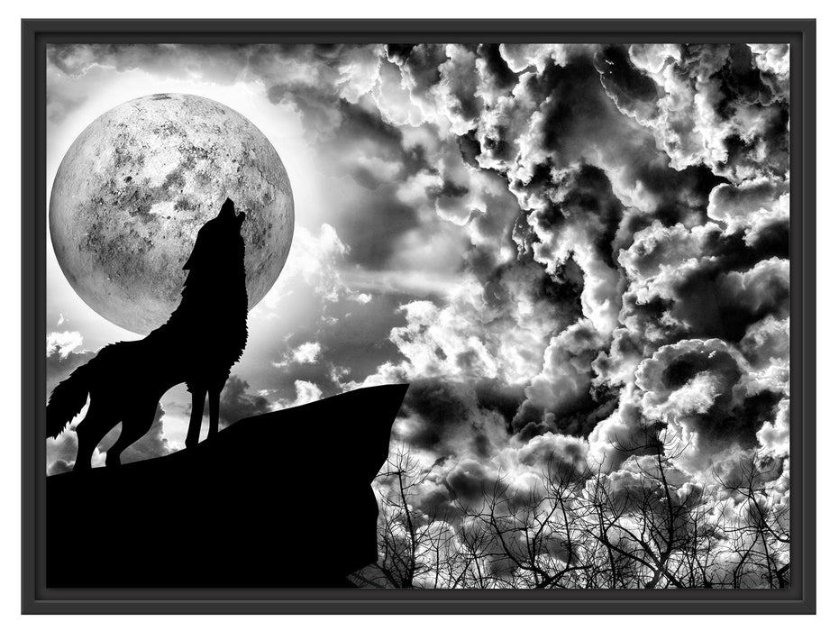 Wolf heult den Mond an Schattenfugenrahmen 80x60