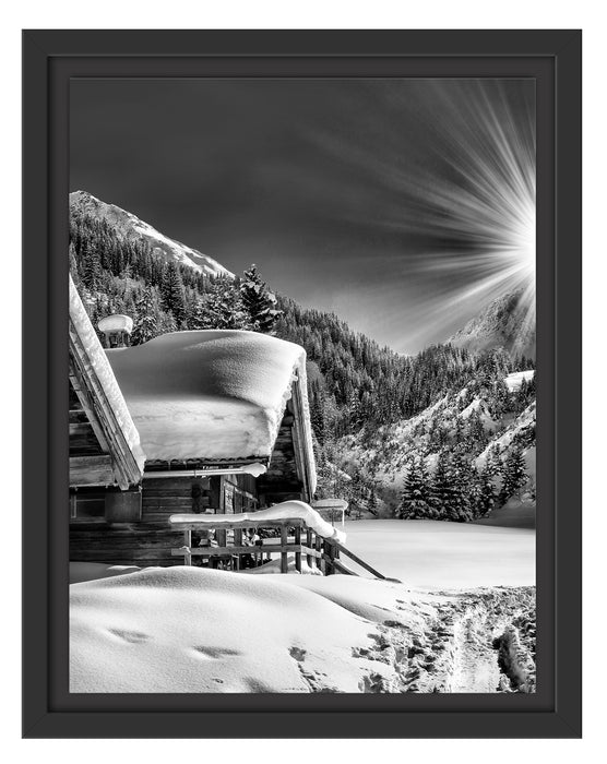 Verschneite Alpenhütte Schattenfugenrahmen 38x30